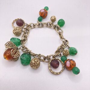 VTG VENETIAN OR CZECH ART GLASS CHARM GOLD FILIGREE BRACELET